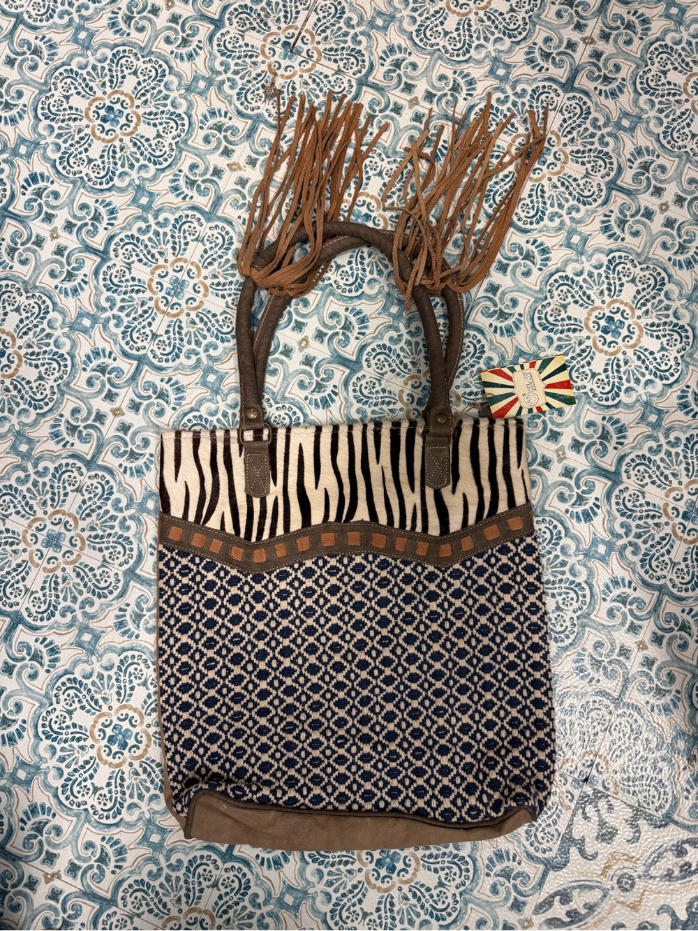 Boho Patterned Tote Bag with Fringe Handles - Blue, Black & Brown